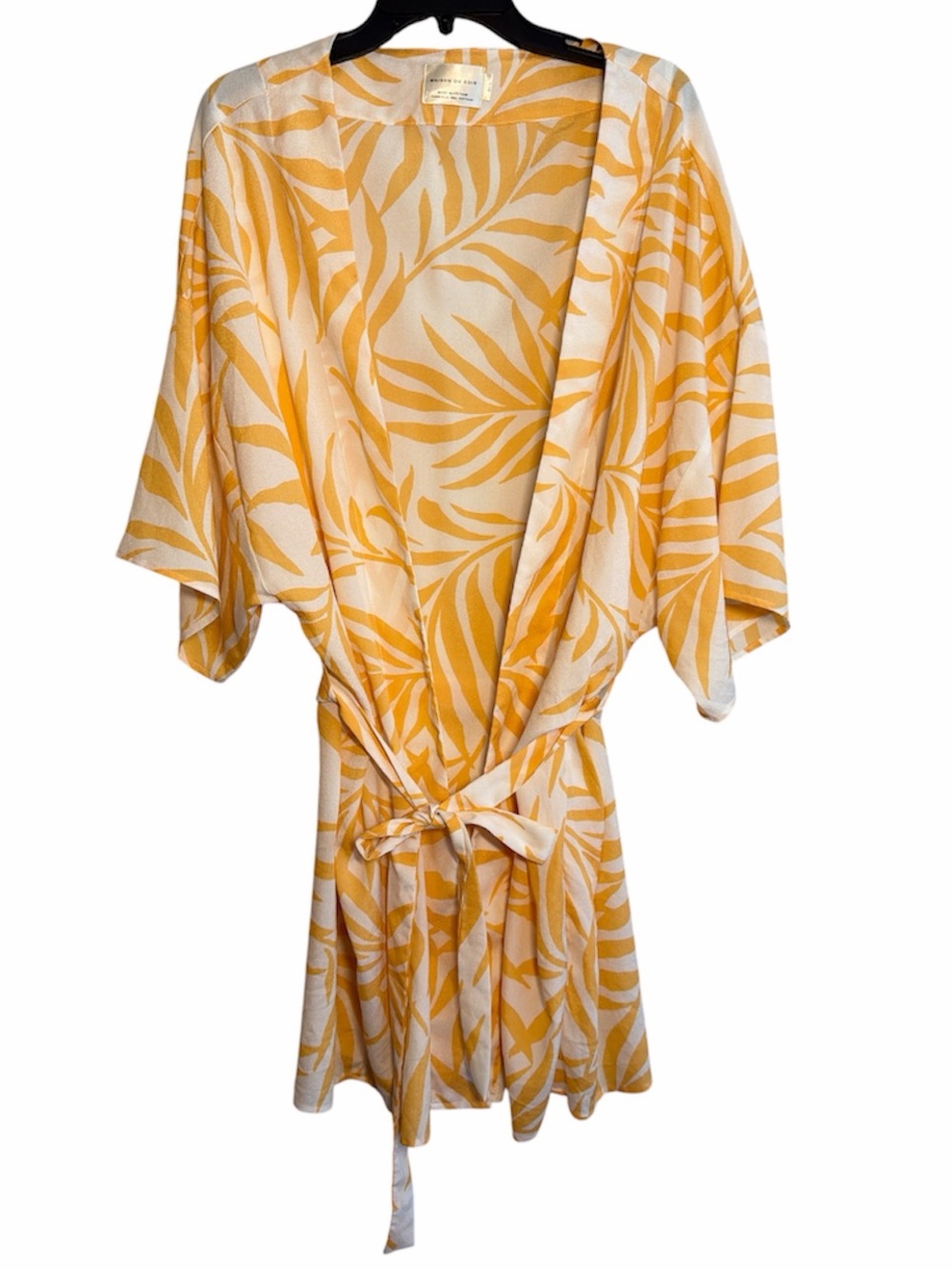 Maison Du Soir Luxe Yellow White Palm Leaf Print Kimono Robe Swim Cover Up M/L